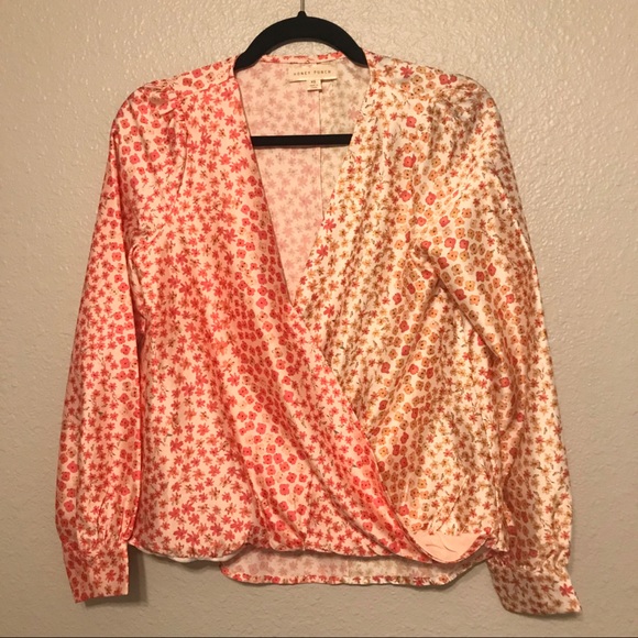 Honey Punch Tops - Long Sleeve Faux Wrap Floral Contrast Blouse